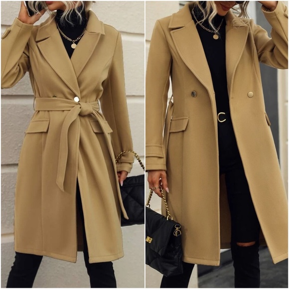 Jackets & Blazers - Cozy Tan Khaki Button Belted Jacket Coat